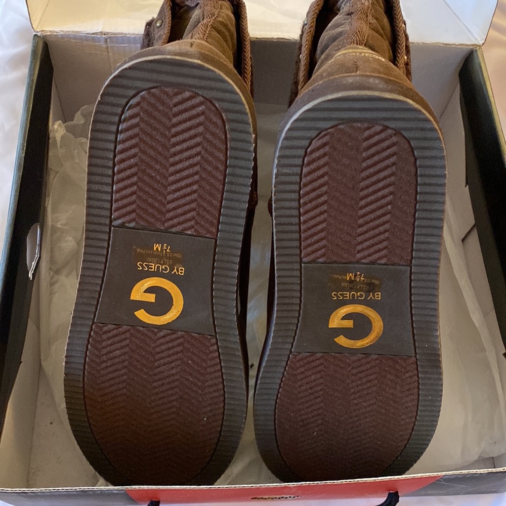NIB G BY GUESS Y2K Brown Multi Fabric Boots Sz 7.5 - Picture 4 of 8